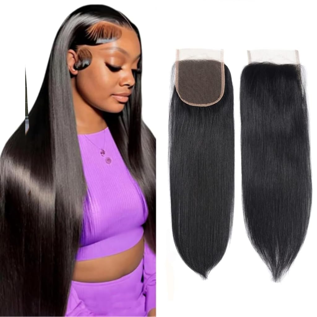 Datanala Straight Human Hair Lace Closure 4x4 Free Part Silk Straight Human Hair Transparent Lace Closure Brazilian Virgin 12A Grade Natural Black Color (14Inch