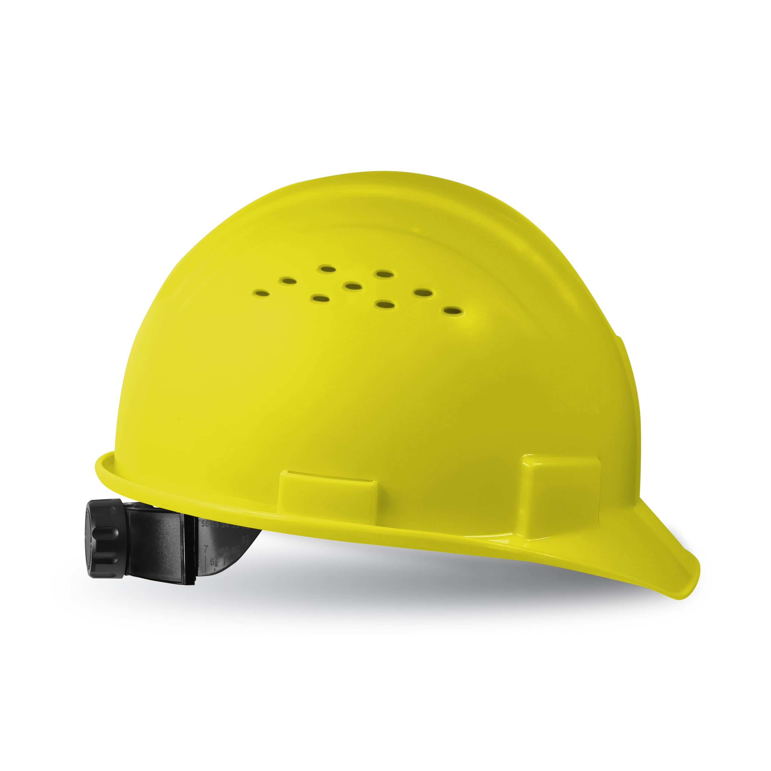 GE Casco duro, estilo de gorra ventilada, clase C, amarillo, banda acolchada que absorbe el sudor, sistema de suspensión de trinquete de 4 puntos, ranuras para orejeras, alta resistencia a los