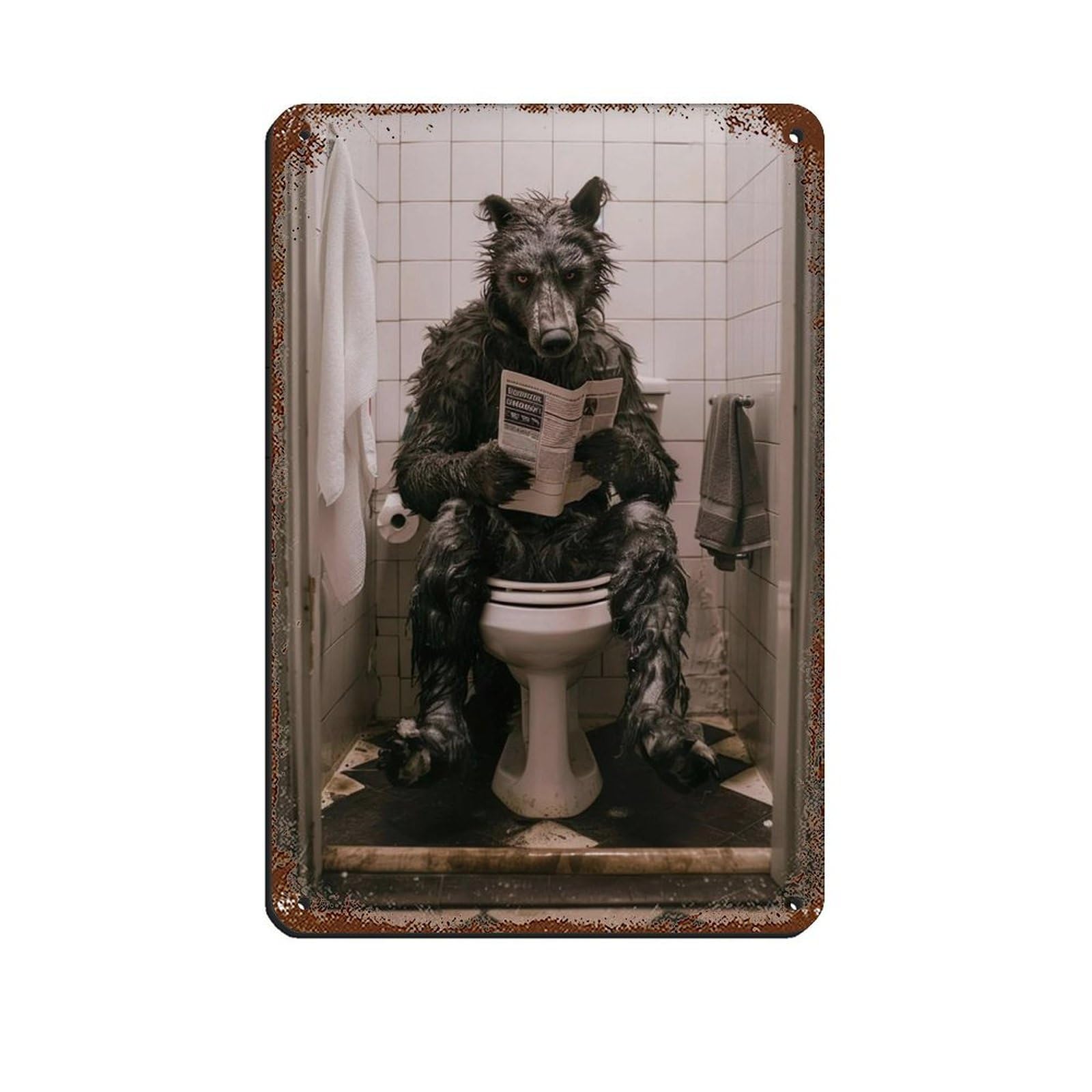 Werewolf Sitting on The Toilet Reading A Newspaper (2) Tin Sign Vintage Metal Pub Club Cafe Bar Home Wall Art Decoration Poster Retro 8x12inch(20x30cm)