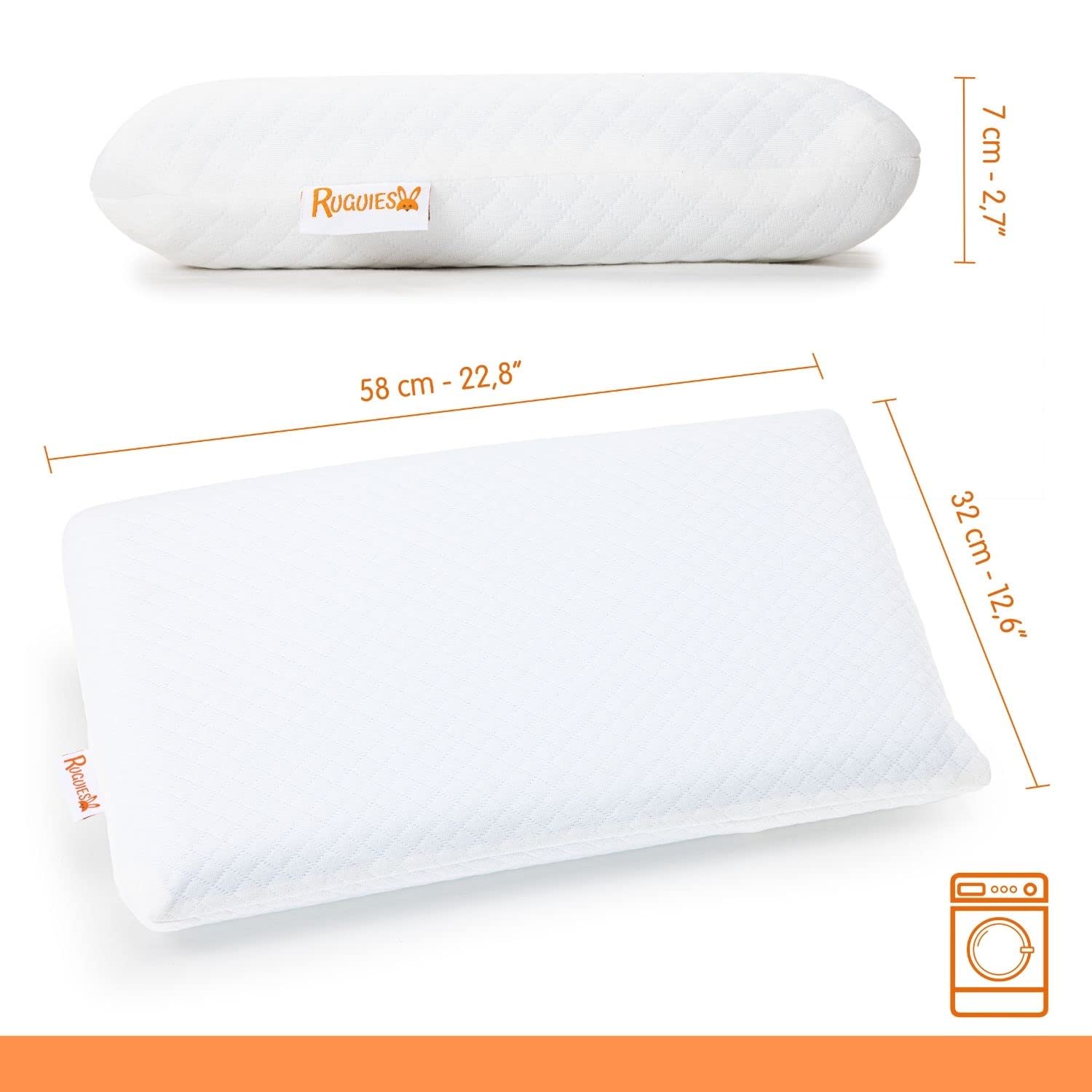 MAX- Cuscino per Bambino in Memory Foam. 1-10 Anni-XL (58x32x5 o 7cm)-Doppio Rivestimento in Cotone Ipoallergenico, Lavabile e Traspirante-OEKO TEX-Per letto o lettino-Borsa da Viaggio Inclusa