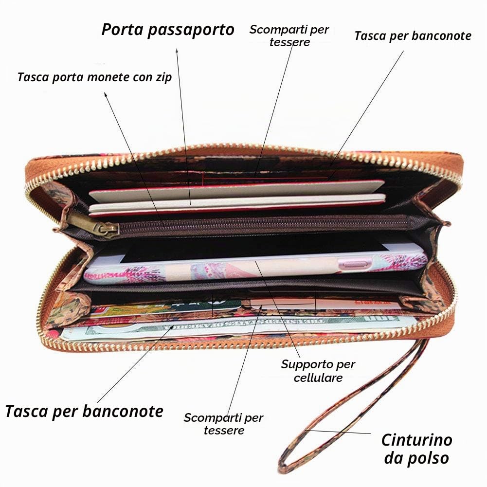 BOSHIHO Portafoglio da Donna in Sughero Vegano, Grande Capacità per Smartphone Pochette Lunga con Cerniera con Porta Carte di Credito Portamonete, Regalo Vegano