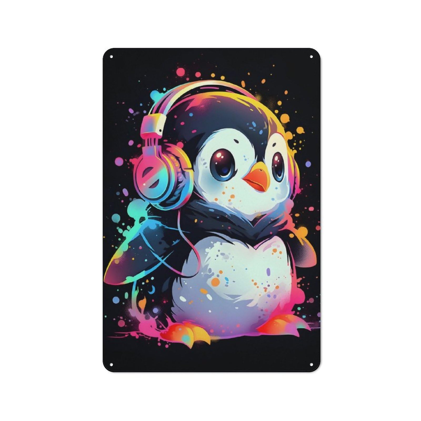 Junmoney Penguin Paint Headphones Country Farmhouse Metal Sign 30X20cm, Farmhouse Wall Decor For Dining Room, Cafe, Entryway Or Family Room