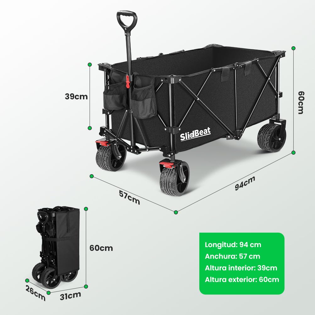 SLIDBEAT Carro de Transporte Plegable Todo Terreno – 226kg/300L, Estructura Triangular, Ruedas de 18cm con Frenos y Lona 600D Impermeable, Jardín, Playa, Camping, Compras y Vacacione