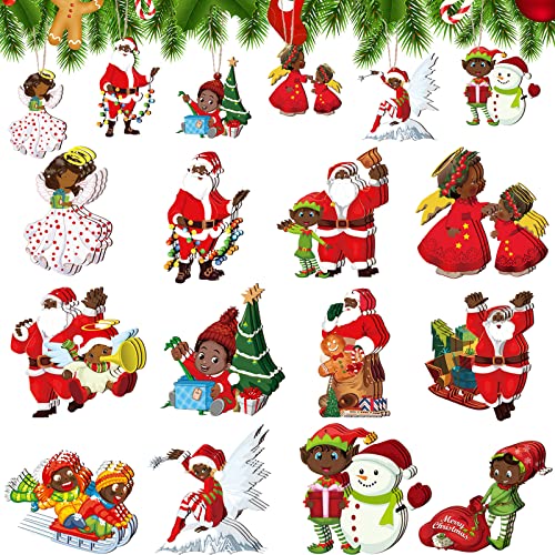 Woanger 36 Pcs African American Christmas Decorations 4 Inch Black Wood Santa Christmas Tree Ornaments Vintage Hanging Wooden Santa Rustic Ornament for Xmas Party Decor