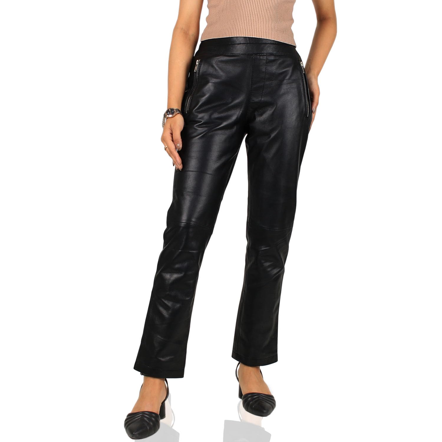 Laverapelle Womens Genuine Lambskin Ankle Cut Leather Pants Black Leather Jeans - 2424002