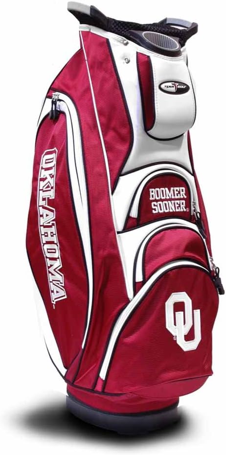 - NCAA 10-Way Top with Integrated Dual Handle & External Putter Well, Cooler Pocket, Padded Strap, Umbrella Holder & Removable Rain Hood
