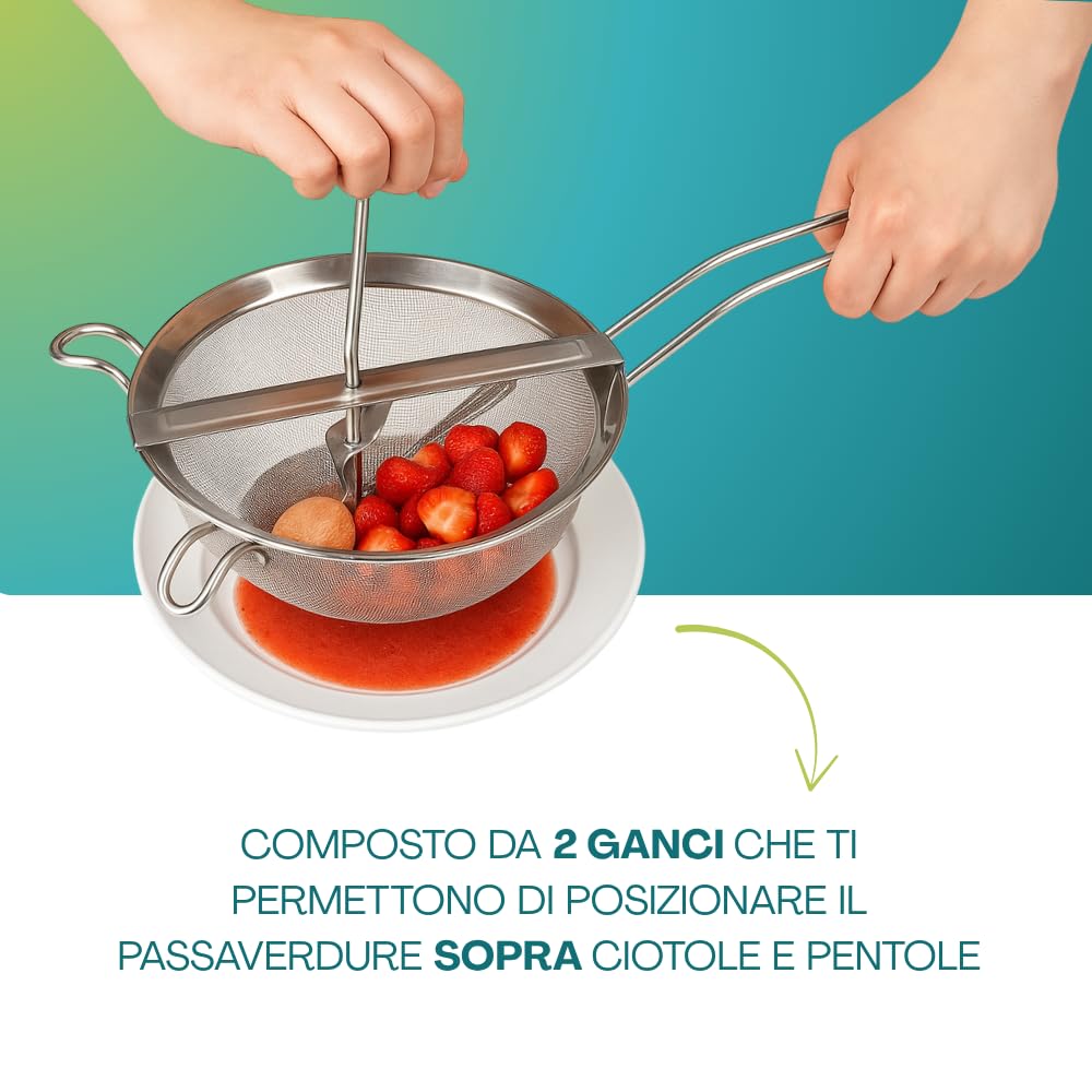 Paluplus Passaverdure Manuale in Acciaio Inox, Diametro 20 Cm, Passacolino con Pestello in Legno, per marmellate, salse, frutta, verdura, legumi e per setacciare farine, Made in Italy -400C-0,75