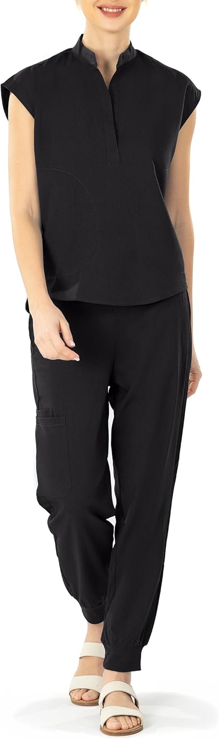 Bovchies Scrubs for Women Set - Sleeveless Stand Collar Scrub Top & Drawstring Jogger Pants, Scrub Set for Nurse Workwear