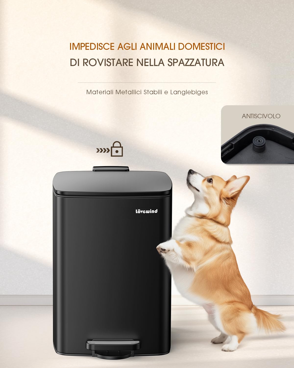 lovewind Pattumiera Da Cucina, Pattumiera In Acciaio Inox Con Pedale Nero Da 20 Litri, Con Coperchio E Secchio Interno, Adatta Per Cucina, Bagno E Soggiorno