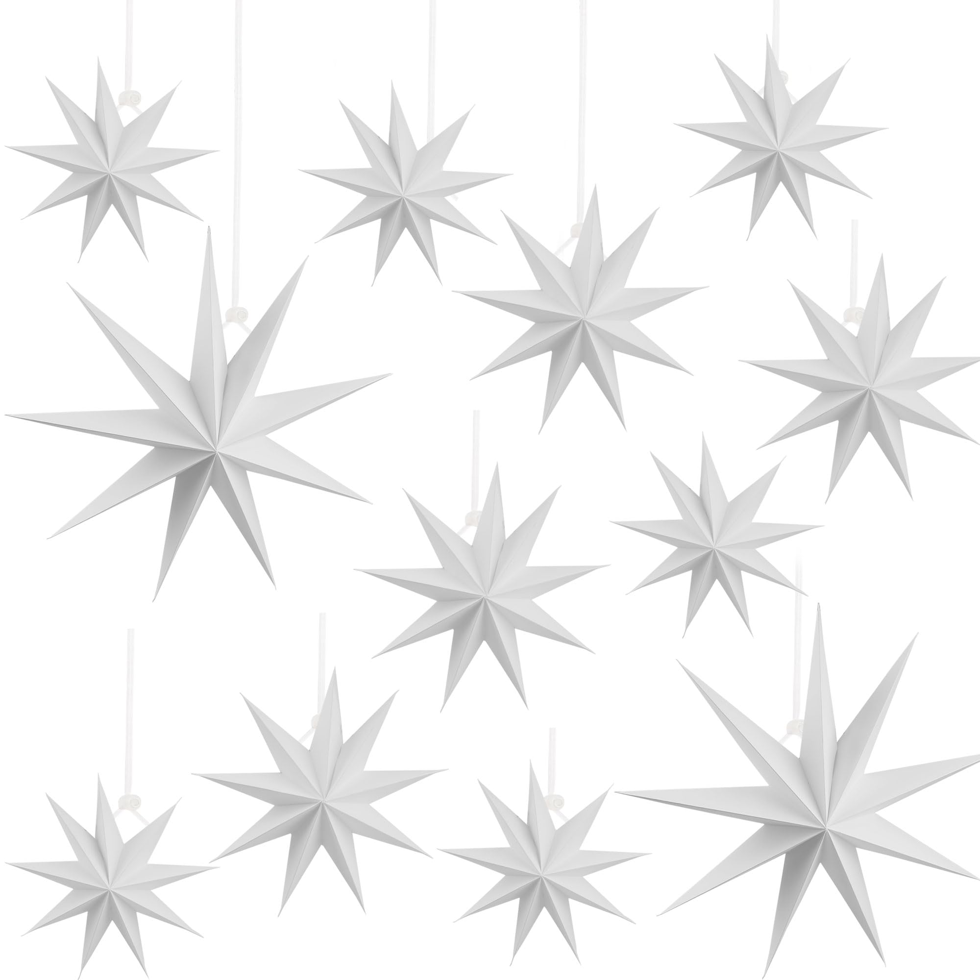 12 Pack White Paper Star Lanterns 9-Pointed Star Lamp Shade Ornaments Star Paper Lantern Lampshades Hanging Decorations for Christmas New Year Birthday Wedding Party, 3 Size