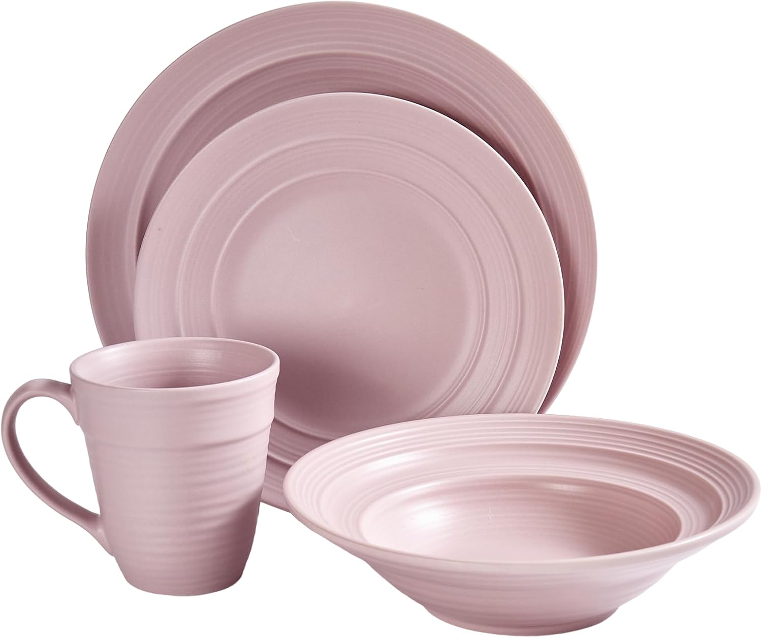 Modern Ceramic Dinnerware Set, 4-Piece, Mug, Bowl and Dinner Plates (Mauve)