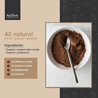 MEDIDATE Coffee Alternative W/Roasted Date Seeds, Cardamom, Caffeine & Acid-Free Coffee Substitute, Naturally Occurring Prebiotics & Polyphenols, Immune Support & Focus (12 oz. / 25 Servings)
