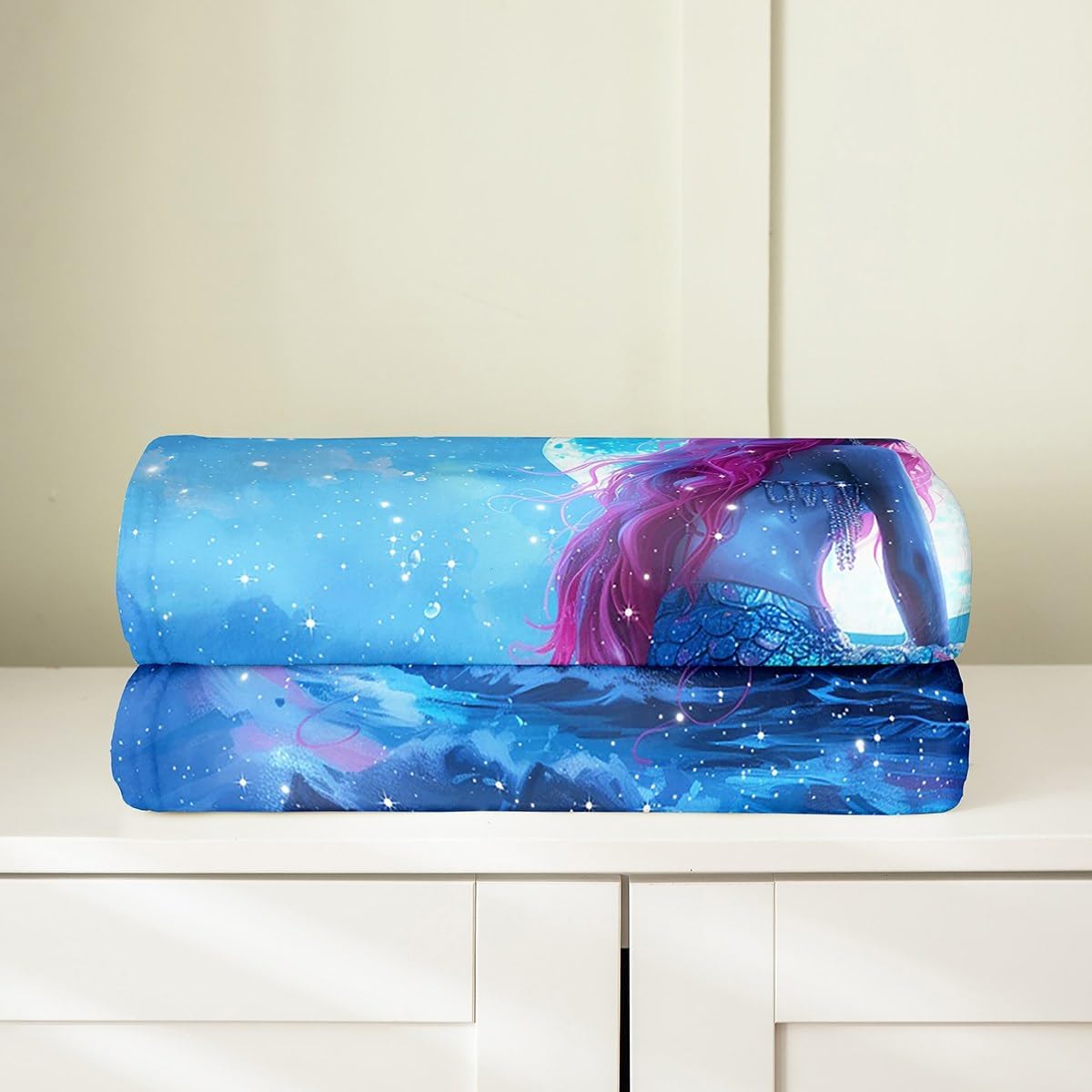 Mermaid Fleece Blanket,Fantasy Blue Starry Moon Sky Glitter Bed Blanket for Kids Teens,Dreamy Animal Ocean Waves Rock Flannel Blanket for Room Decor,Queen 90"x90"