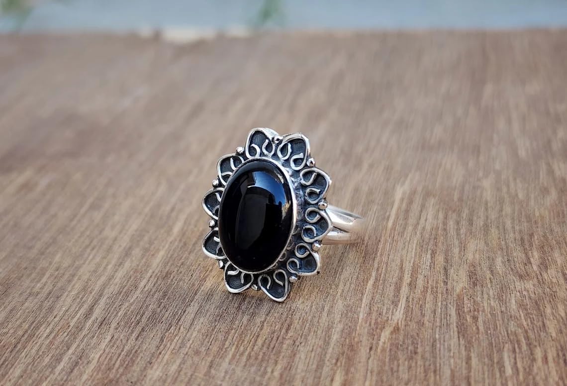 Black Onyx Oval Ring, 925 Solid Sterling Silver Ring, Gift Ring, Women Ring, Flower Design Ring, Gift Ring, Boho Ring, Handmade Jewelry Ring