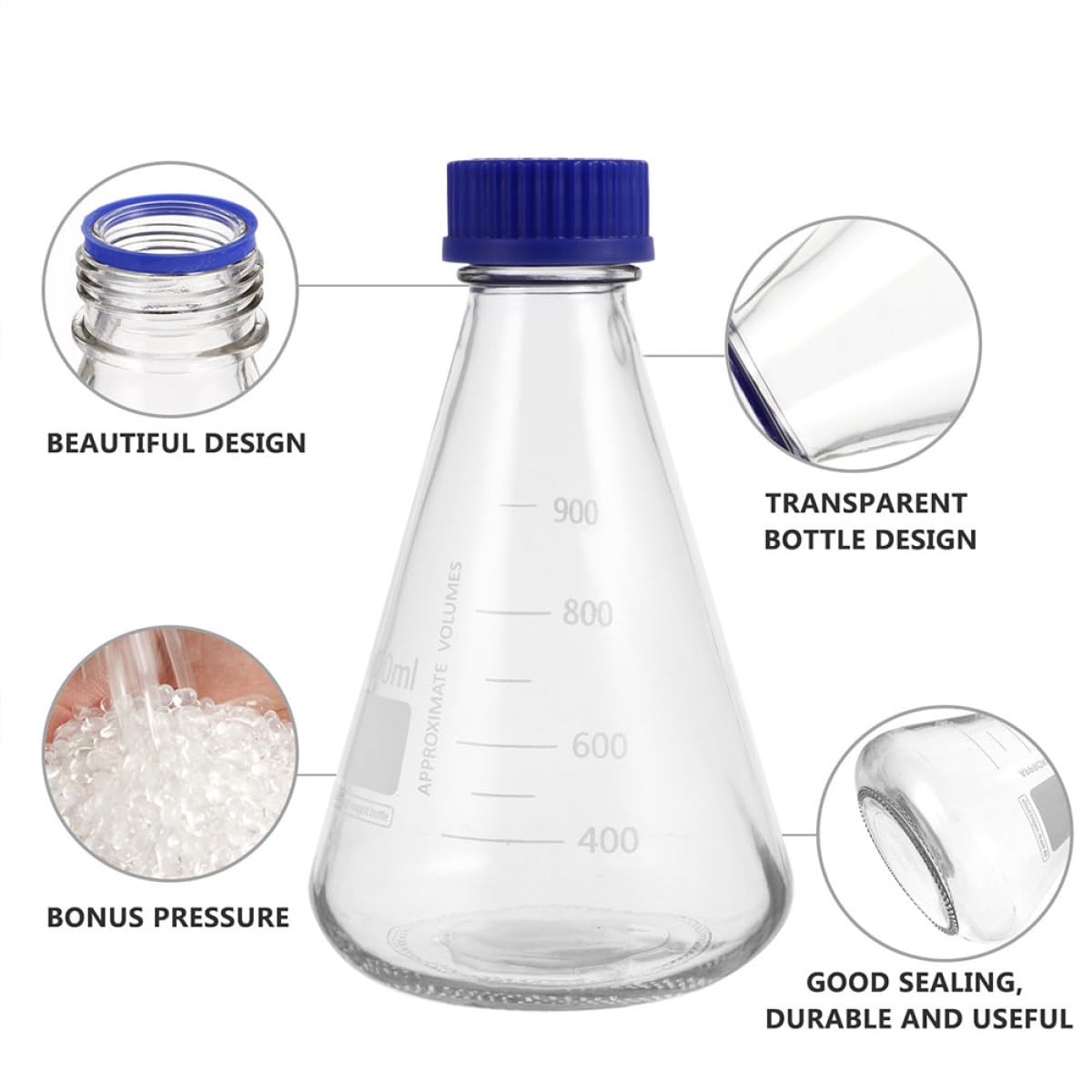 BETOOKY 2 Bottiglie Beuta Conica da Laboratorio 1000ml in Vetro Tappo Blu e Scala Graduata, Fiasche per Esperimenti Chimici per Uso Professionale e Scolastico, Strumenti Scientifici