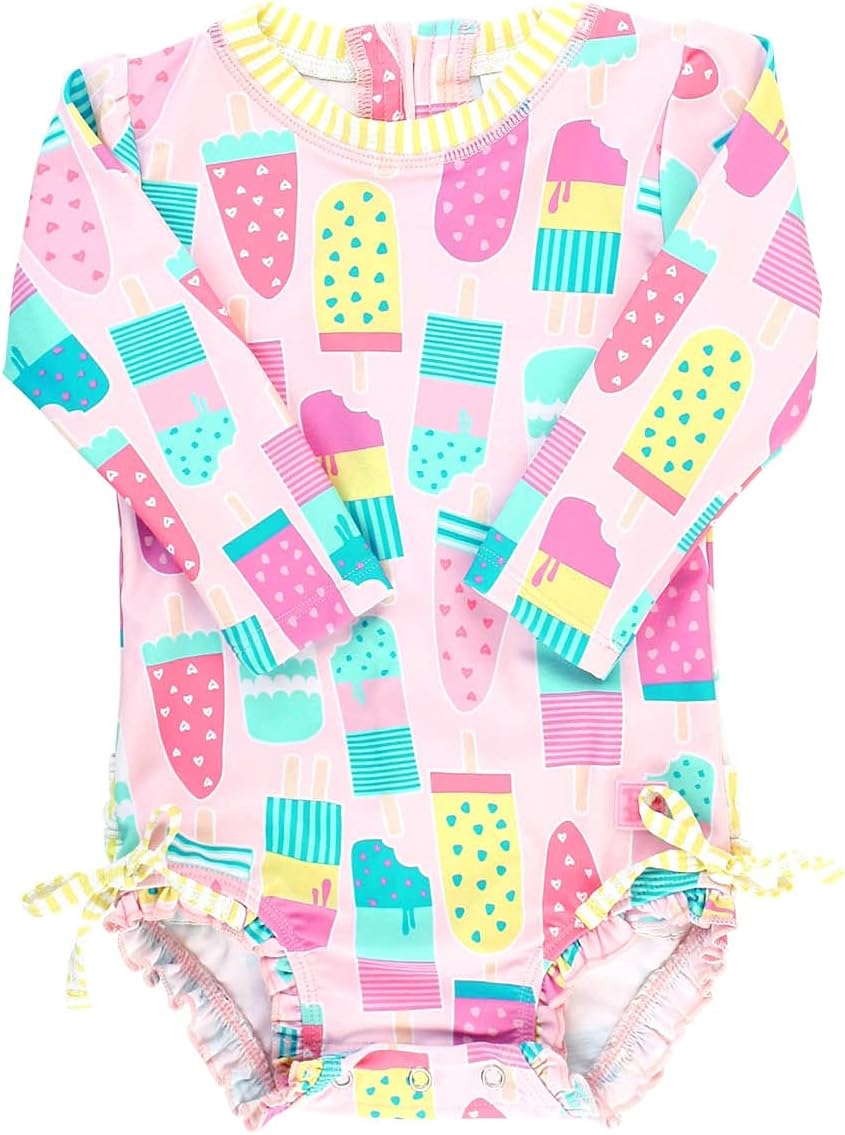 RuffleButts Baby Girls UPF 50+ Sun Protection Floral Printed Long Sleeve One Piece Rash Guard Swimsuit with Zipper