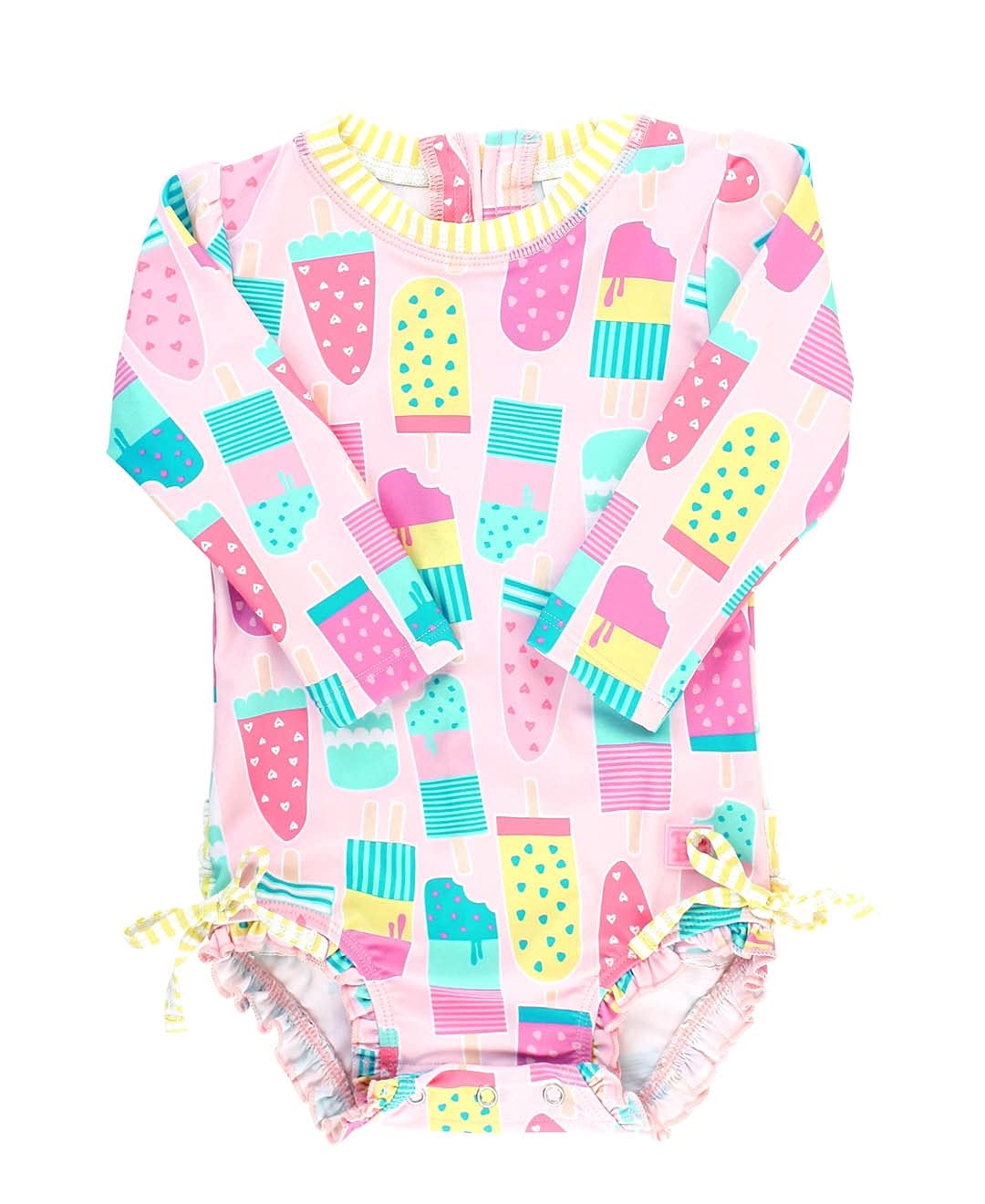 RuffleButts Baby Girls Novelty Baby One Piece - Rash Guard Swimsuit UPF 50+ | Premium Quality, 4-way Stretch, Snap + Zipper Closure, Long Sleeves, Hand Wash, UPF 50+ Sun Protection