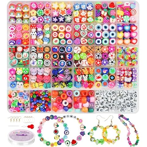Gionlion 1000PCS Polymer Clay Beads Bracelet Making kit, 24 Style Cute Fun Fruit Flower Rainbow Butterfly Animal Heart Star Beads Charms for Jewelry Necklace Making Gift for Girls Kids Cover