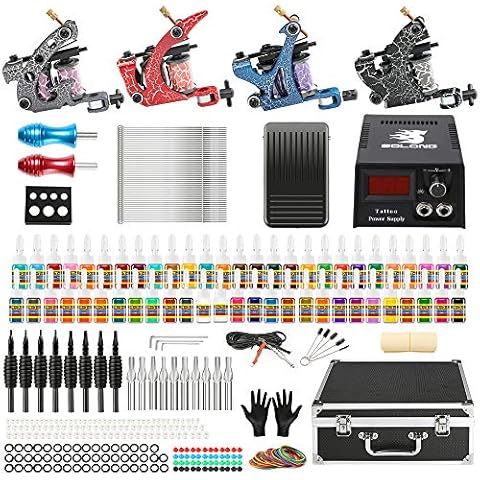 Solong Complete Tattoo Kit 4 Pro Machine Guns 54 Inks Power Supply Foot Pedal Needles Grips Tips Carry Case TK456-US Cover