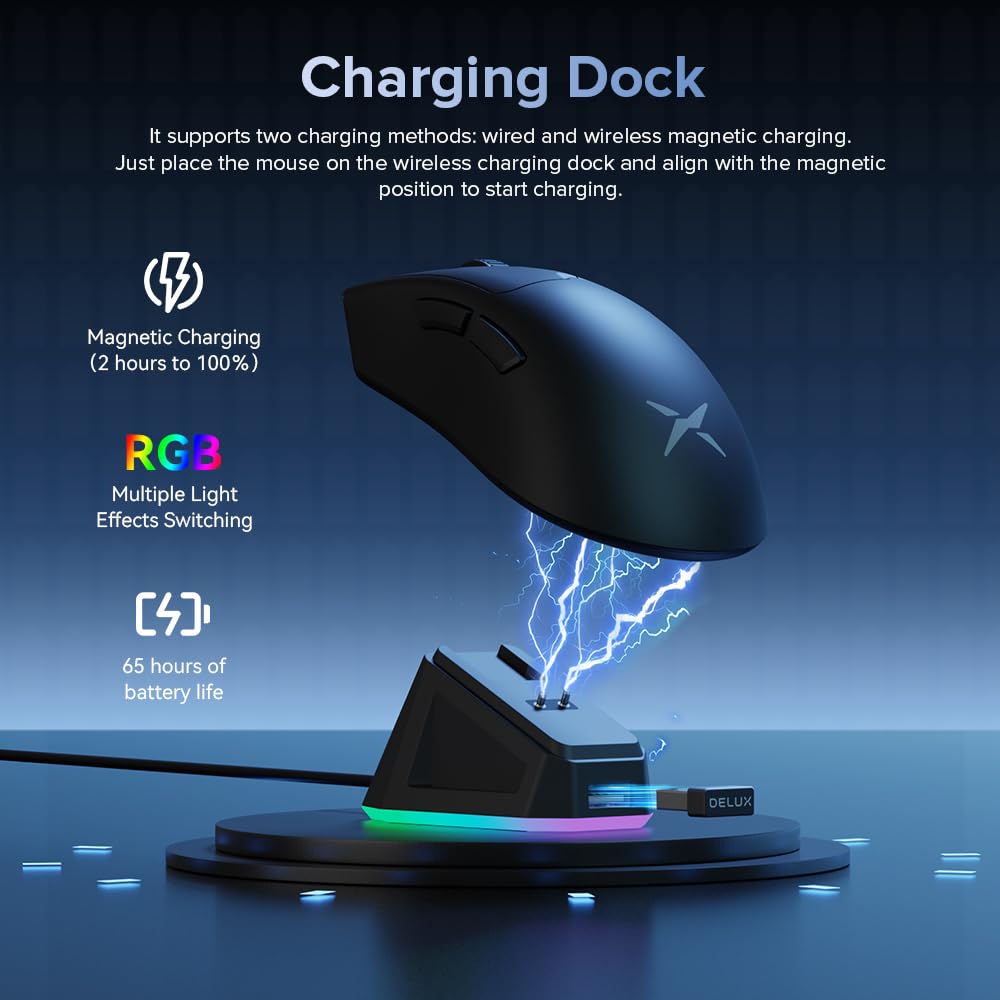 DeLUX Mouse Gaming Ergonomico Wireless M900PRO, 8000Hz Frequenza di Polling, 63g Leggero, Sensore PAW3395, 26000 DPI, Interruttori Huano, con Dock di Ricarica Magnetico (Nero)