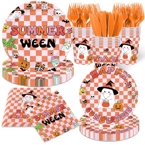 Summerween Decorations Plates and Napkins 144Pcs Summer Halloween Tableware includes Summer Ghost Plates Napkins and Cups for Tropical Beach Pool Halloween Party Supplies