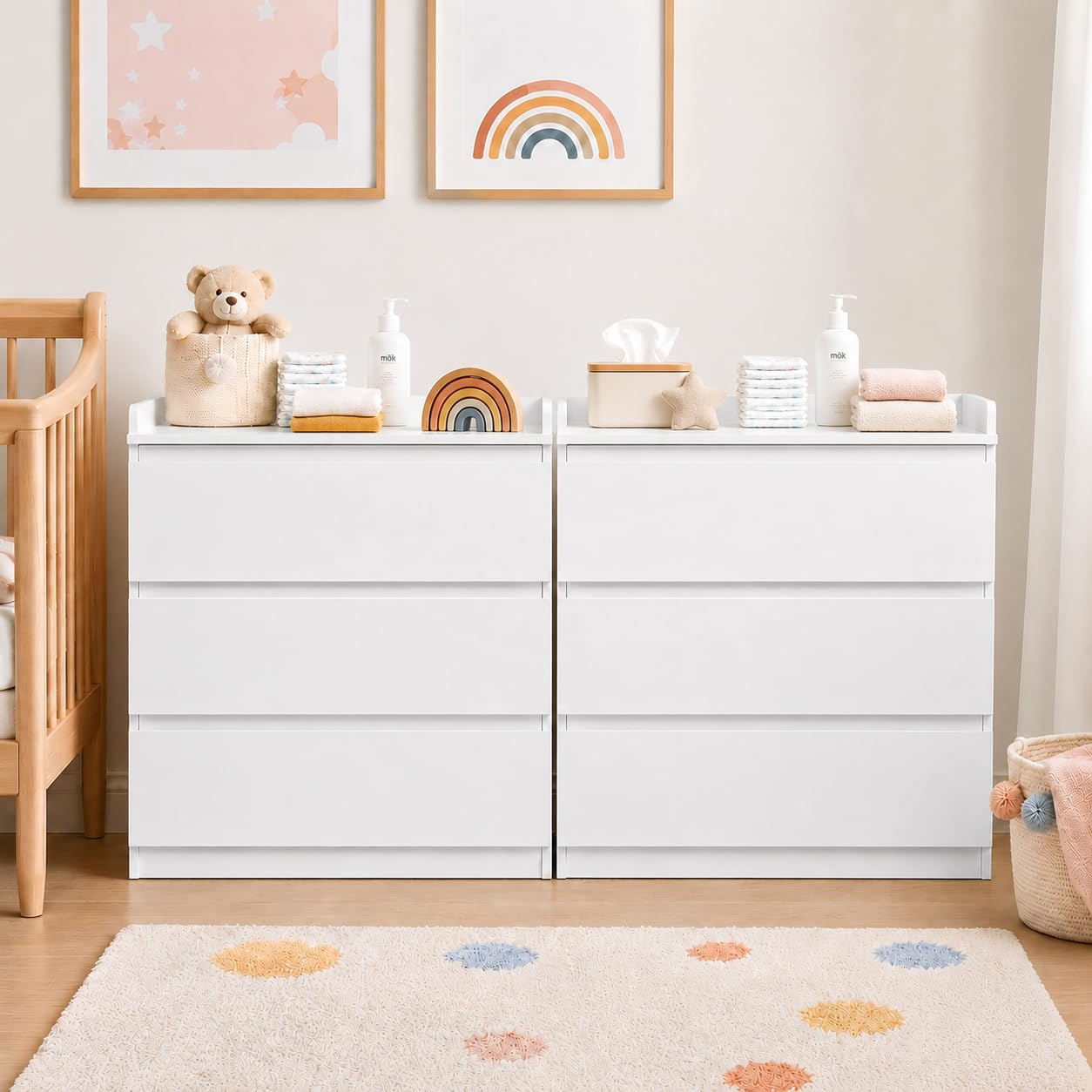 Lot de 2 commodes à langer Blanches, 70 x 40 x 80 cm | 3 tiroirs chacun avec bord surélevé, pour jumeaux, chambre de bébé, chambre à coucher, salon