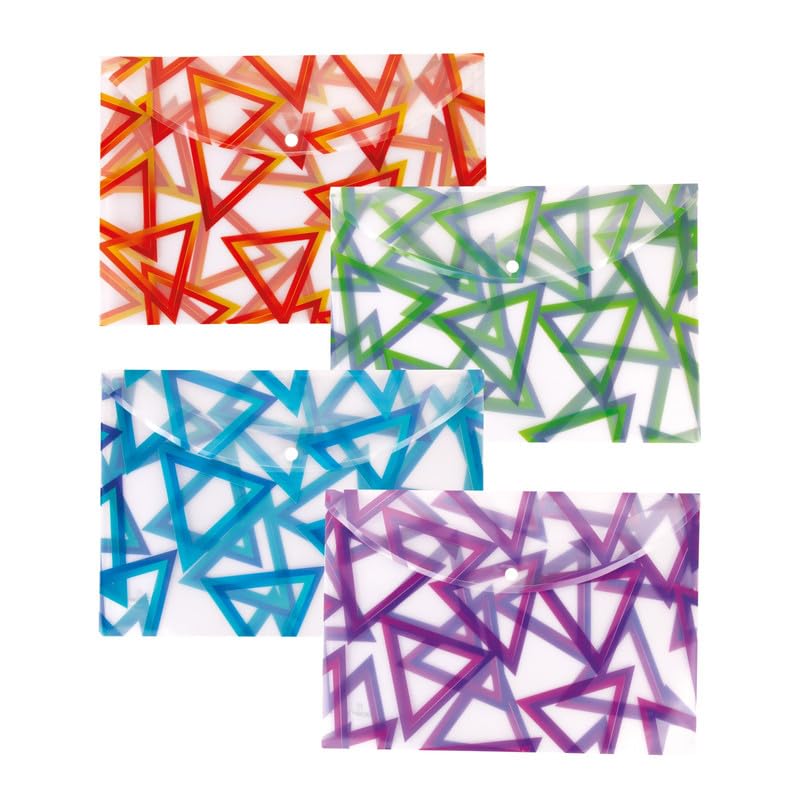 Image of Polen 6 Pcs Button File Folder with 18 Microns Poly Plastic Folder, Button Bag, HD Printed, Snap Button with Back Fold Sealing for Extra Strength, Size FS, Triangle Print.(Multicolor)