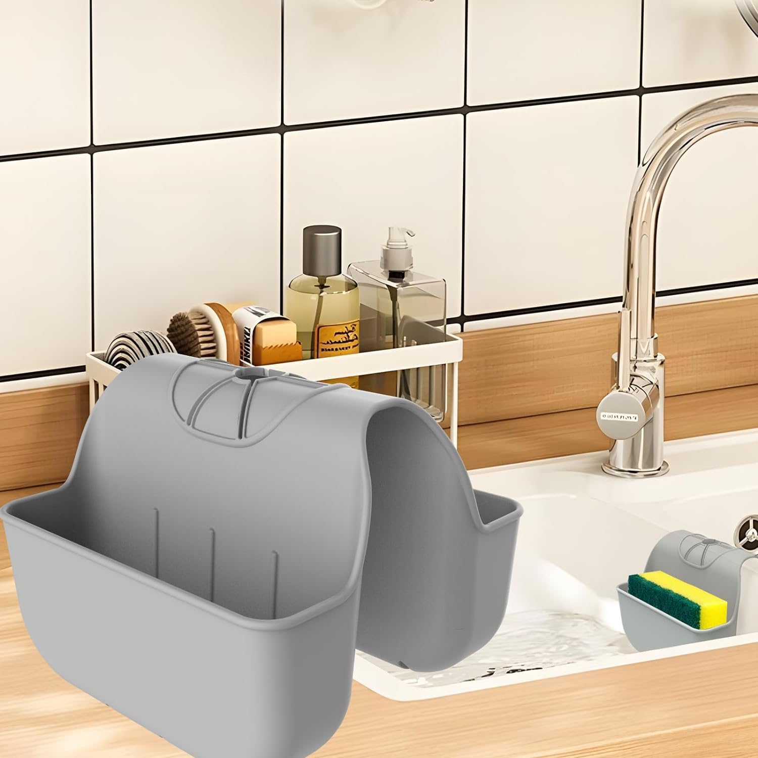 Panier d'évier en silicone – Organiseur de cuisine pour éponges et brosses à vaisselle – Support de robinet de salle de bain (gris)