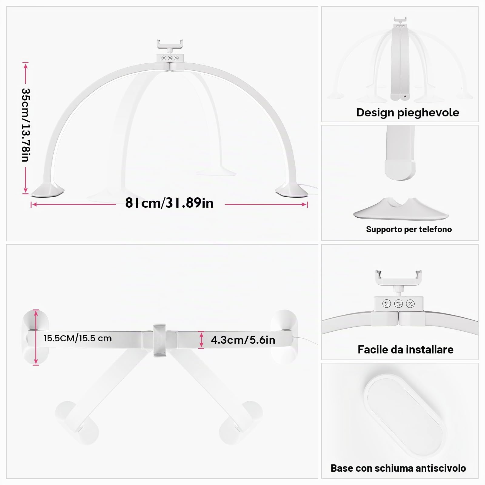 Lampada Mezza Luna Estetica, 81CM 48W Lampada da Tavolo per Unghie, Bianco | Lmaqfum lampada ad arco unghie con porta cellulare, lampada tavolo unghie professionale per extension, tatuaggio, Bellezza