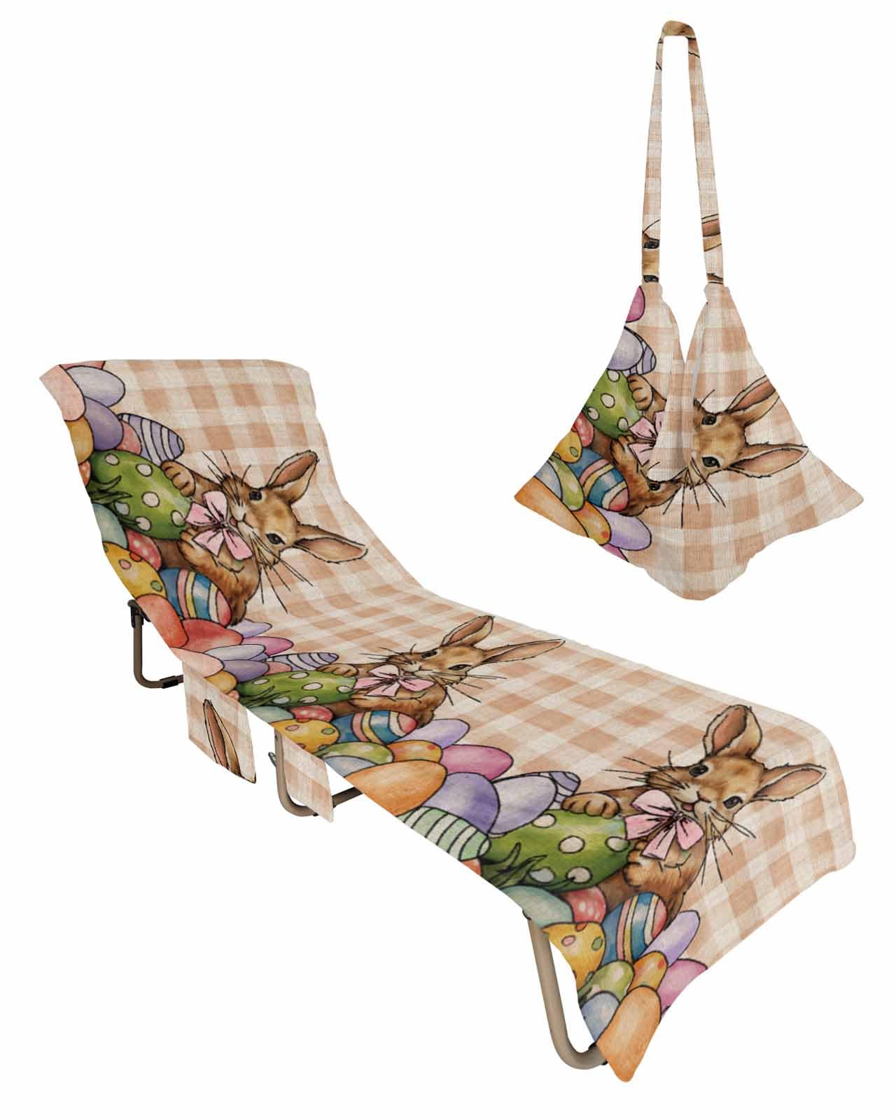 Easter Bunny Beach Lounge Chair Towel Cover, Soft Chaise Lounge Towel with Side Pockets Patio Pool Chairs Cover for Beach/Pool Sunbathing 29x85 Spring Colorful Eggs Brown Plaid