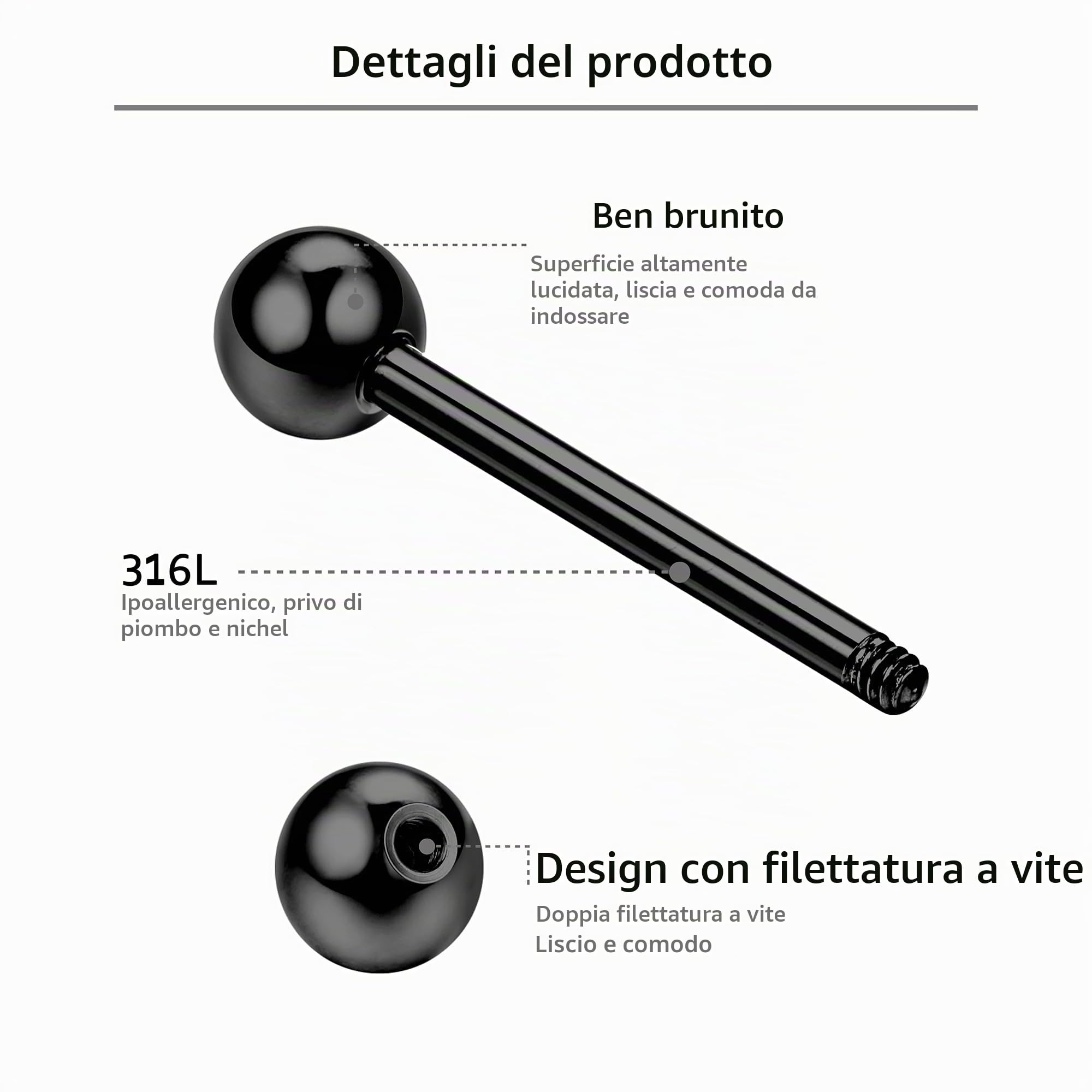 JeweBella 20 Pezzi 14G Piercing Lingua per Donna Uomo Acciaio Chirurgico Piercing Capezzolo Piercing Lingua Argento/Nero Piercing Barretta Gioielli 16mm