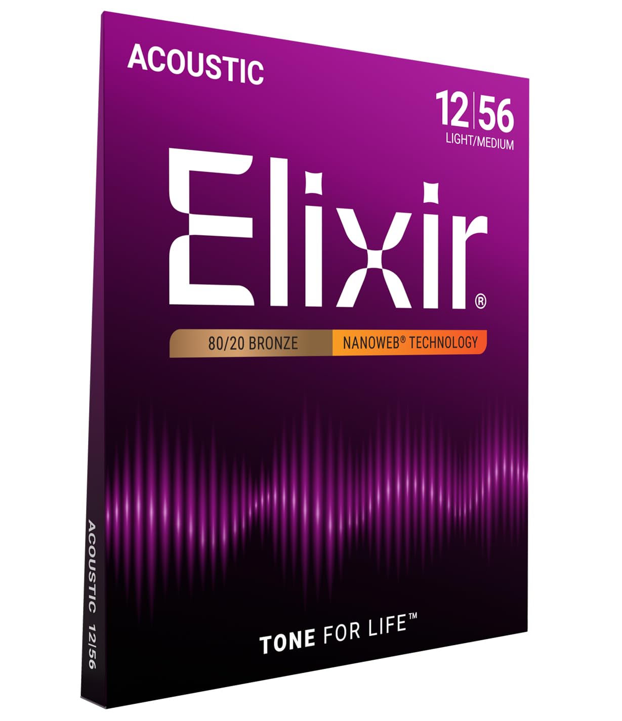 ElixirStrings, Acoustic Guitar Strings, 80/20 Bronze with NANOWEB Technology, Longest-Lasting Bright and Focused Tone For Life with Comfortable Feel, 6 String Set, Light/Medium 12-56