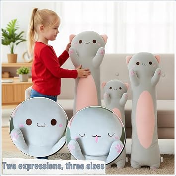 Cat Plush, Soft Long Cat Plush Pillow, Cute Kitten Plushies Toy Stuffed Animal Kitty Hugging Pillow for Boys Girls Room Decor (Gray, Round Eyes, 60cm/23.62inch)