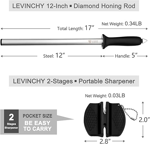 Miniatura 7 de LEVINCHY Acero para afilar cuchillos de diamante de 10 pulgadas, acero profesional con revestimiento de diamante, barra afiladora de cuchillos de