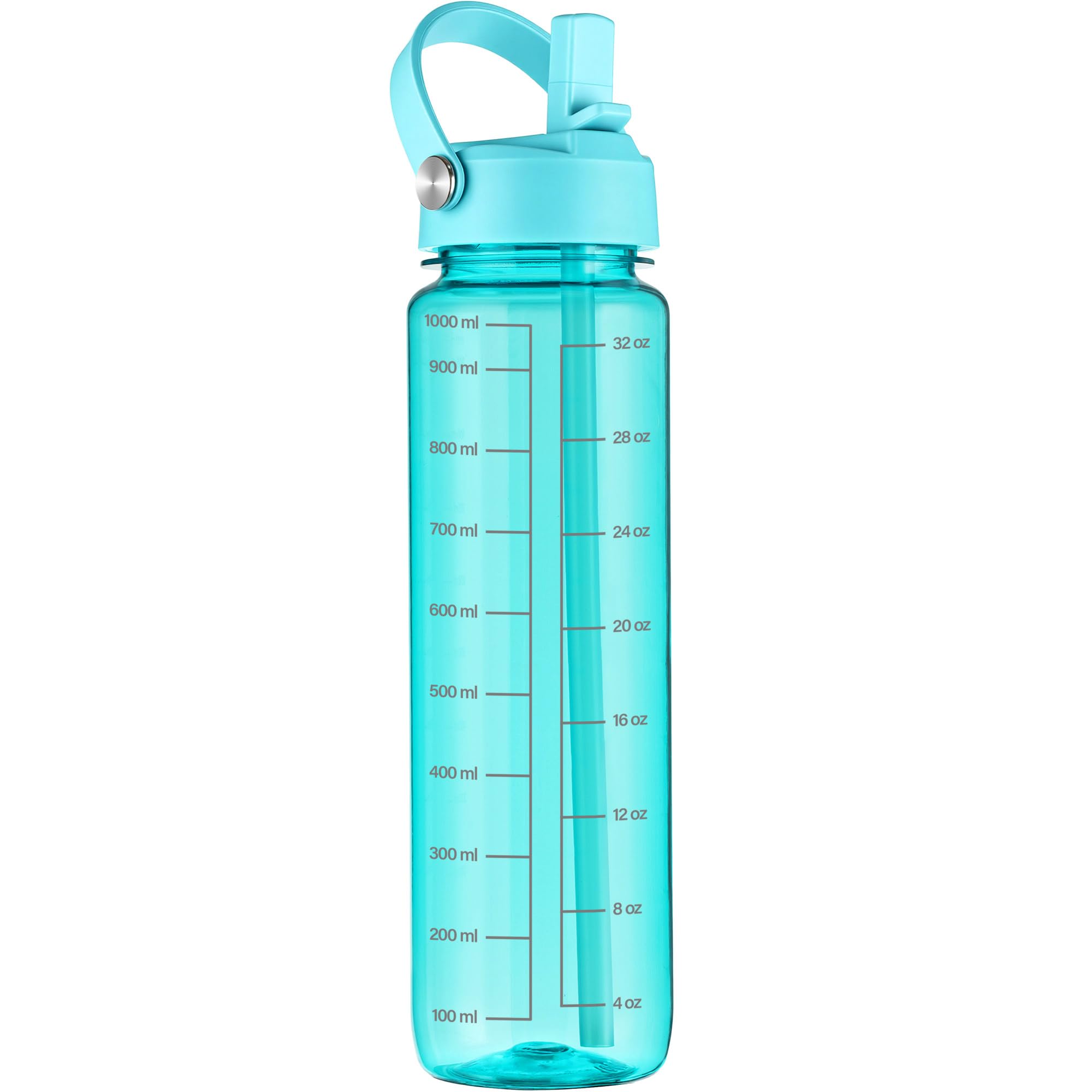 GOPPUS 1000ml/32oz Clear Water Bottle with Straw, Tritan Leakproof Sports Drinking Bottle, BPA Free Wide Mouth Gym Bottle with Handle and Measurement Marks for School, Gym, Travel (Aqua Blue)