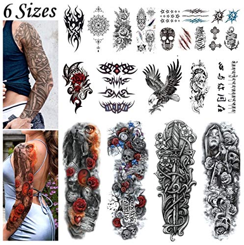 6 Sizes Temporary Tattoos for Women and Men, 21 Sheets Large Full and Half Arm Fake Tattoos, Black Face Sleeve Chest Neck Tattoo Colorful Body Art Paper Stickers