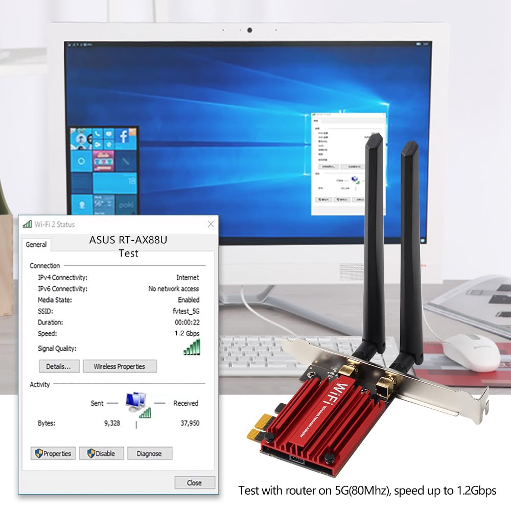 Carte PCIe WiFi 6 avec Bluetooth 5.2 pour bureau, AX1800 Dual Band 2.4G/5G, antenne à gain élevé 6 dBi, faible latence pour les jeux et le streaming, Windows 10/11
