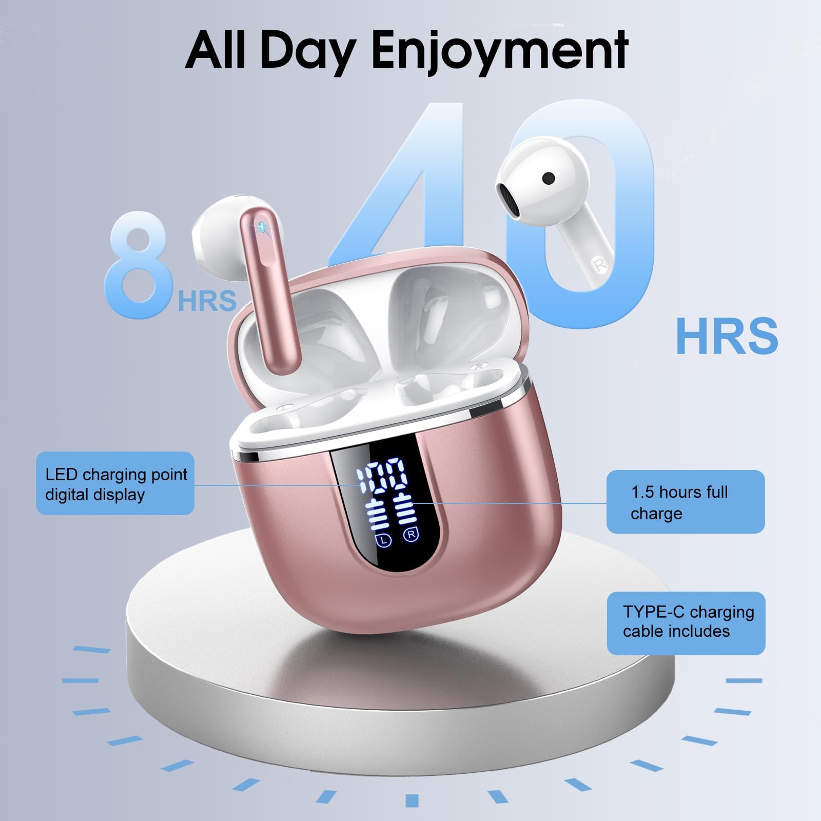 Auriculares inalámbricos, Bluetooth 5.4 con 4 micrófonos ENC HD inmersivos, cancelación de ruido, 40 horas de autonomía, USB-C, certificación IP7, para Android/iOS, control táctil, LED (oro rosa)