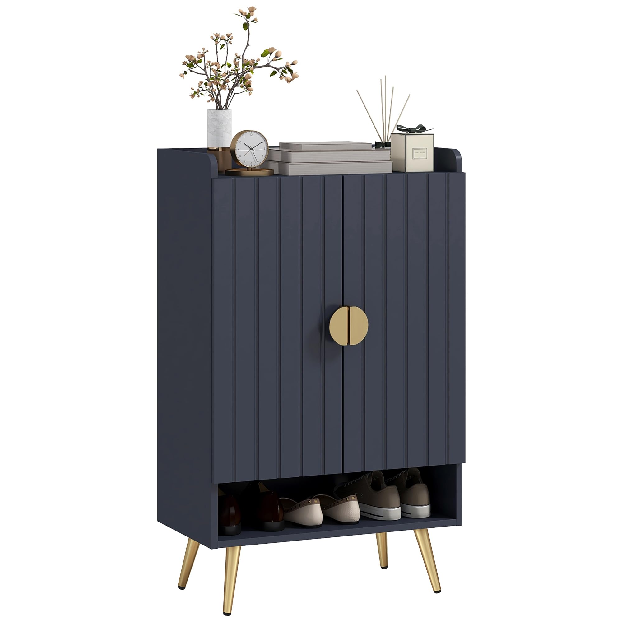 HOMCOM Modern Shoe Cabinet with 2 Doors, Open Shelf and Adjustable Shelves, 15 Pair Hallway Shoe Cupboard, Entryway Storage Unit, Grey