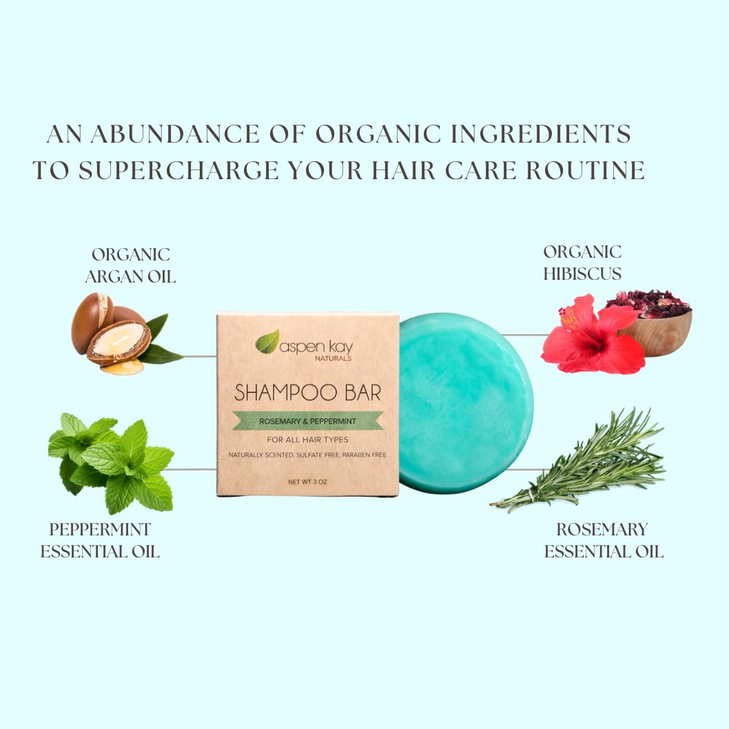 Aspen Kay Naturals Peppermint & Rosemary Shampoo Bar for Thinning Hair - Volumizing & Strengthening Argan Oil Shampoo for All Hair Types, Paraben & Sulfate Free, Made in USA - (2 pack)