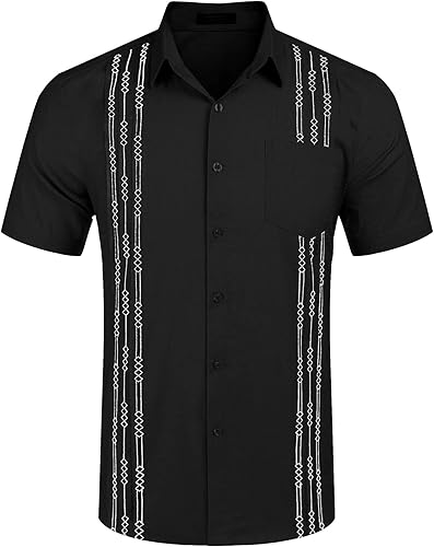 Vista 4 de COOFANDY - Camisa de lino de manga corta para hombre, diseño de playa estilo cubano, con bolsillo, camisa guayabera