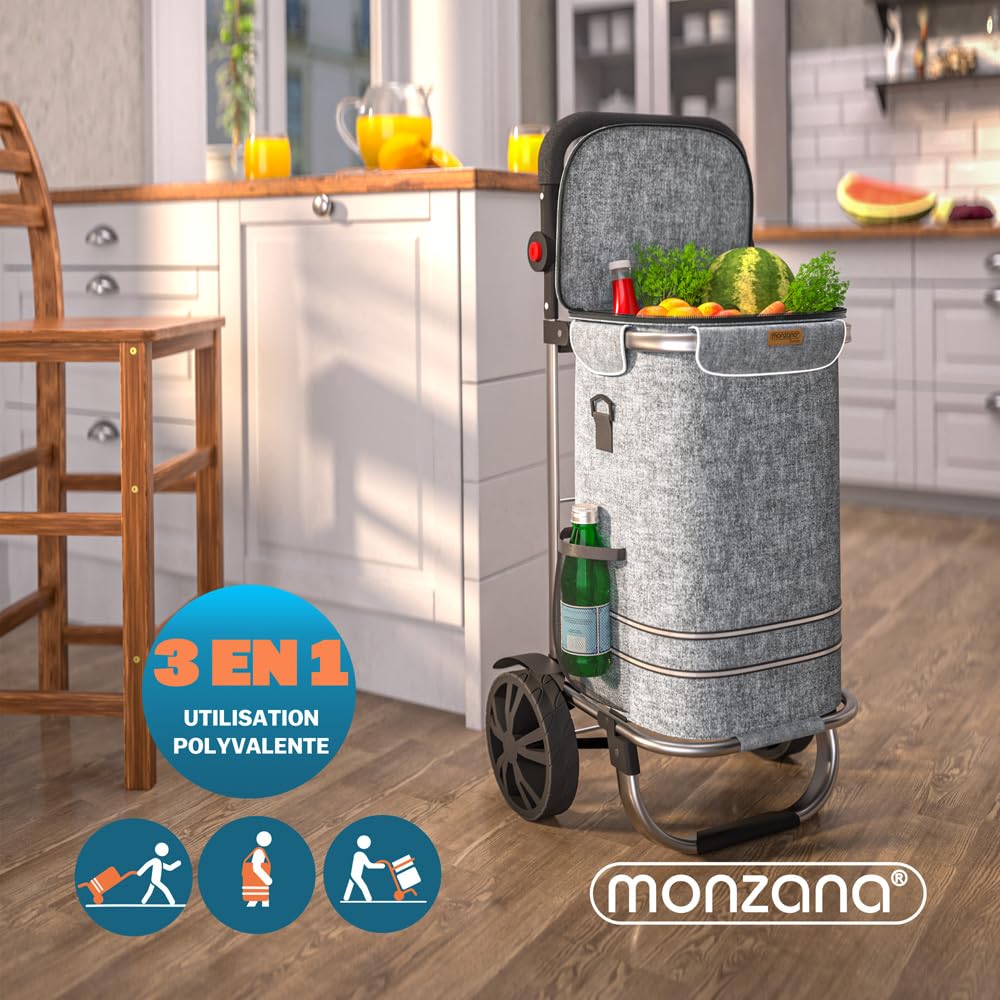 MONZANA® Chariot de courses gris 56 litres 3en1 pliable compartiment isotherme poignée réglable bandes réfléchissantes