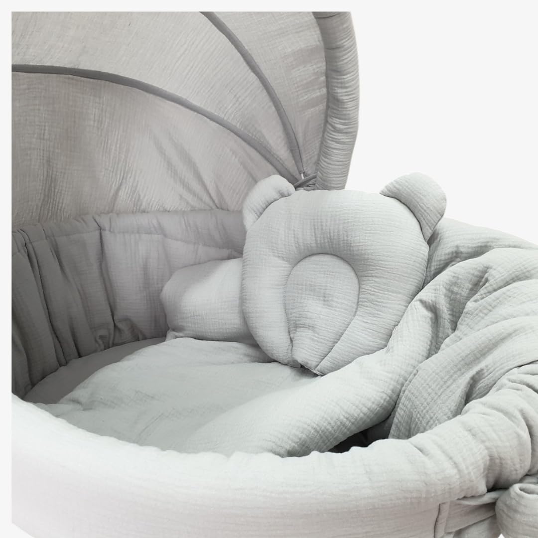 Wiklinopol Baby Bettwäsche Set 5-teilig Musselin Verdeck 110 cm Grau | Stubenwagen Bezug Set, Babybettwäsche aus 100% Baumwolle, Decke 70x80 cm, Kissen 25x30 cm, Spannbettlaken, Einlage Ø 260 cm