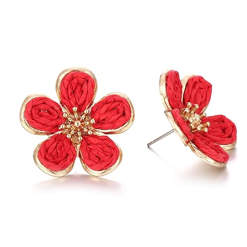 Raffia Stud Earrings for Women, Colorful Tropical Flower Earrings, Lightweight
