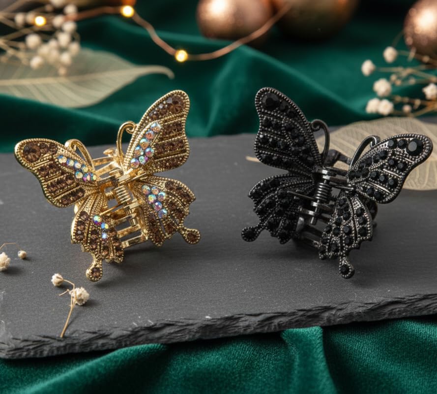 Image of Radhu & Kabby Butterfly Metal Hair Claw Clip Pack | Antique Gold & Black Stone-Styled Claw Clips for Women | Strong Grip Stylish Vintage Butterfly Hair Accessories | Pack of 2