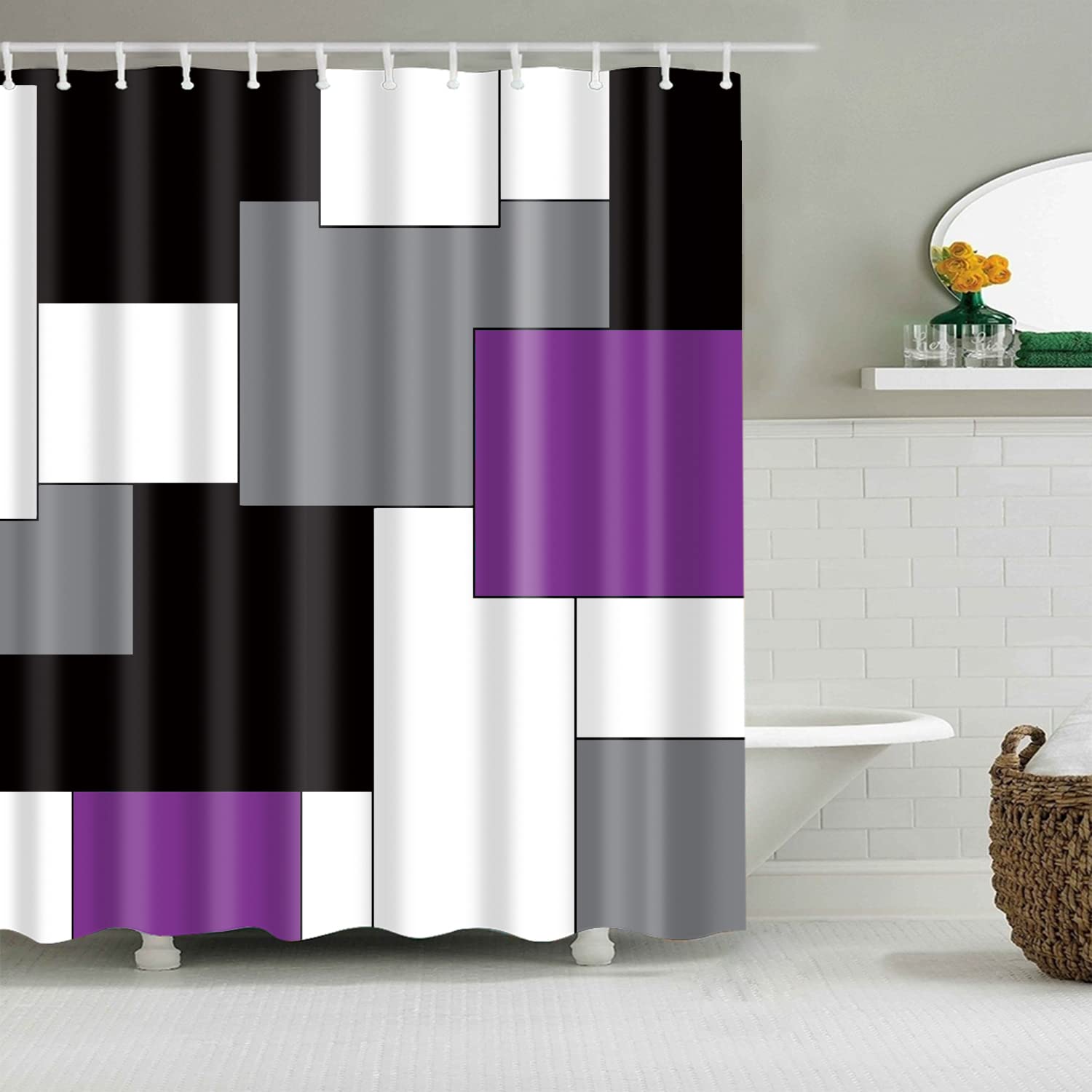 BOYOUTH Black,Grey,Purple,White Geometry Pattern Digital Print Shower Curtain for Bathroom Decor,Polyester Waterproof Fabric Bath Curtain with 12 Hooks,70x78 Inches,Multicolor — image 1