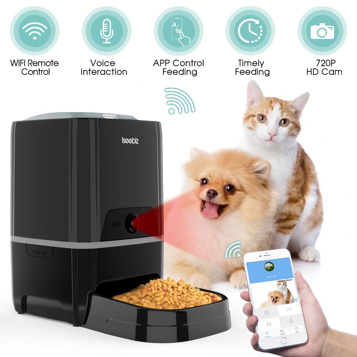 Automatic Pet Feeder with Camera, 6L App Control Smart Food Dispenser, Remote Feeding, 2-Way Audio, Voice Remind, Video Record, 6 Meals a Day for Medium Large Cats Dogs, Compatible with Alexa