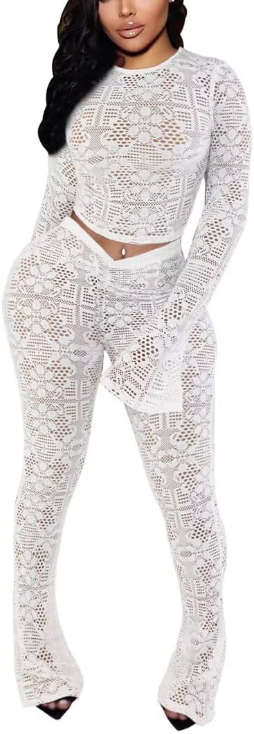 Kafiloe Women Sexy 2 Piece Outfits Clubwear Mesh Hollow Out Long Sleeve Crop Top Flare Pants Set Birthday Outfits