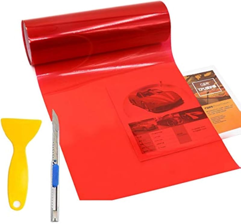 KOMAS 12” X 48” Tint Vinyl Film Sticker Sheet Roll for Car Headlight, Tail Lights, Fog Lights with Squeegee + Cutter (Glossy Red)
