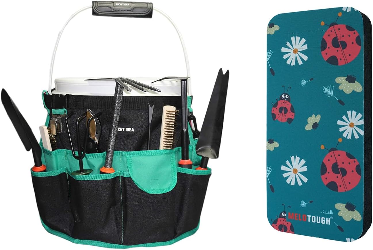 MELOTOUGH Bucket Caddy Organizer Bucket Tool Organizer for Garden Tools Fit 3.5 to 5 Gallon Bucket, Garden Kneeling Pad, 1" Thick Soft NBR Foam Kneeling Pads for Gardening, Cleaning, Work